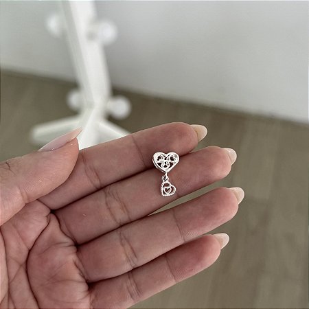 Berloque Separador Coração com Coração Pendurado - Prata 925