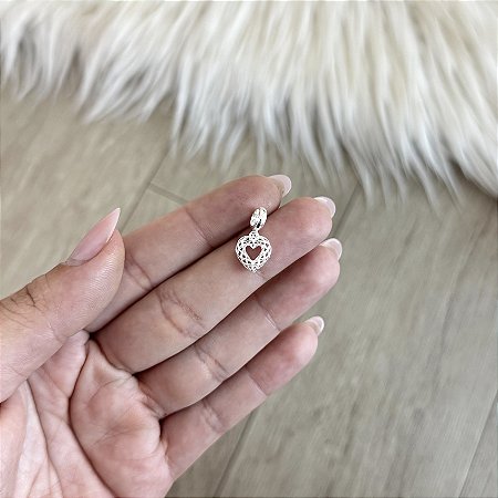 Berloque Coração Vazado Trabalhado - Prata 925