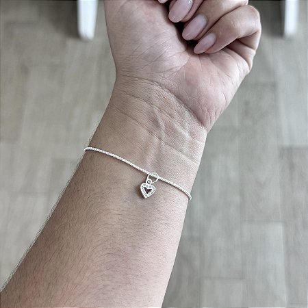 Pulseira Pipoca com Coração Cravejado - Prata 925