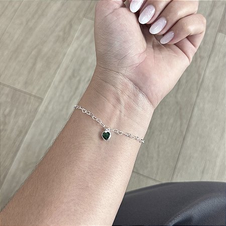Pulseira Mini Corações com Coração Verde - Prata 925