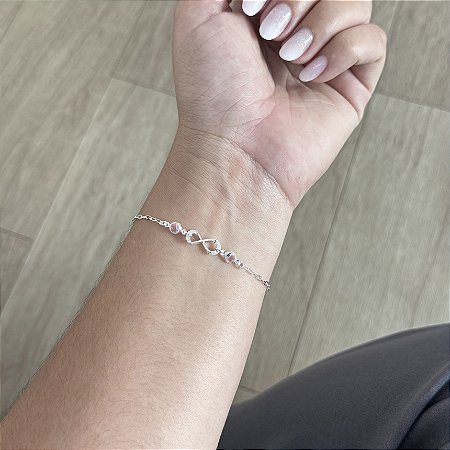 Pulseira Infinito com Pontos de Luz Rosas - Prata 925
