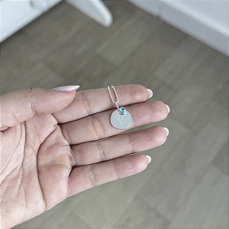 Colar Plaquinha com Ramo e Coração Azul - Prata 925