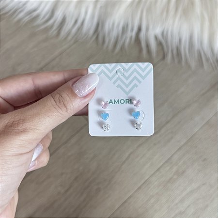 Trio de Brincos Corações Coloridos - Prata 925