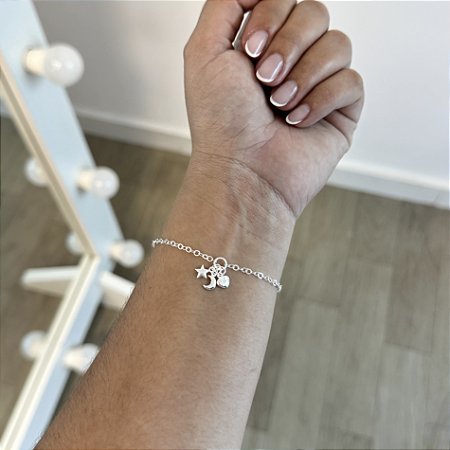 Pulseira Elos Coração, Lua e Estrela - Prata 925