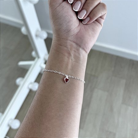 Pulseira Elos com Coração Vermelho - Prata 925