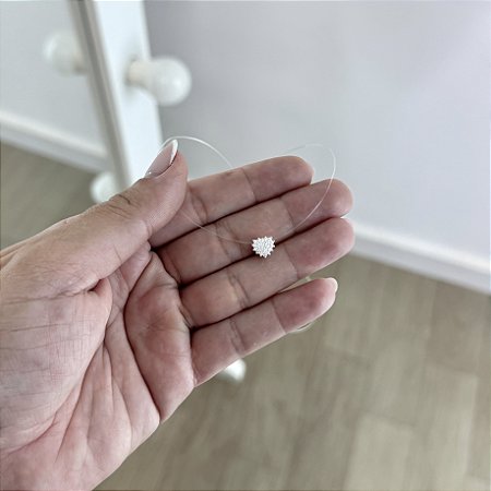 Colar Coração Cravejado e Nylon - Prata 925
