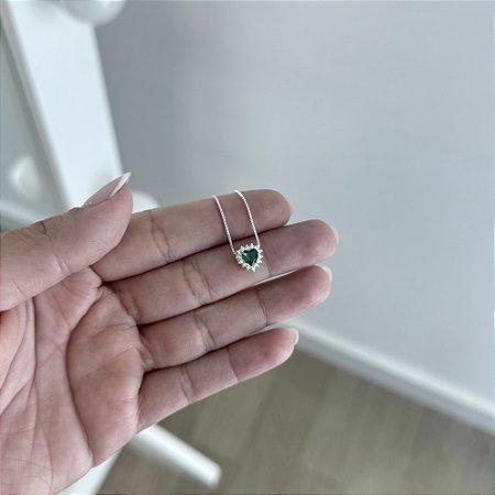 Colar Coração Cravejado Verde Escuro - Prata 925