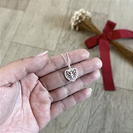 Colar N. Sra Aparecida com Coração Cravejado - Prata 925