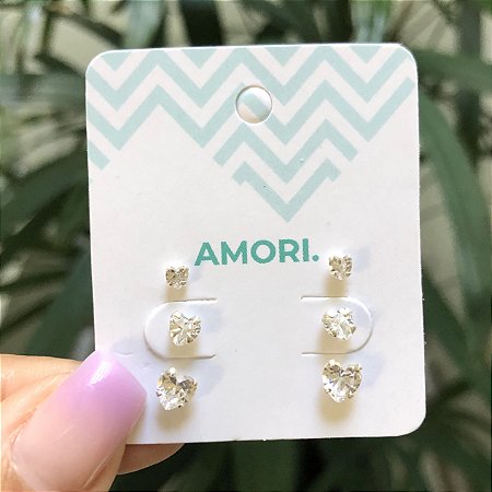 Trio de Brincos Ponto de Luz Coração - Prata 925