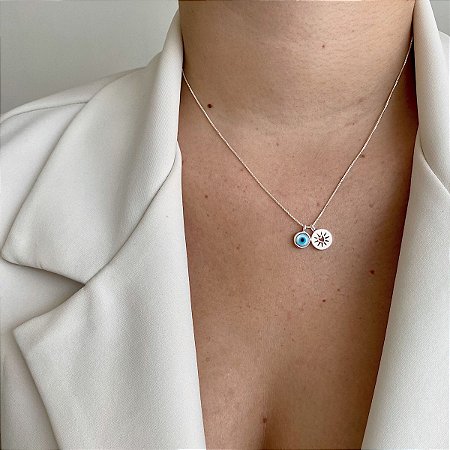 Gargantilha Olho Grego  e Medalha Coração - Prata 925