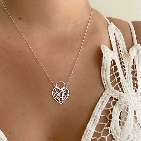 Gargantilha Coração e Cadeado - Prata 925