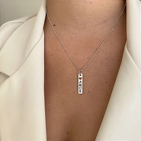 Colar Com Pingente Plaquinha Amor  - Prata 925