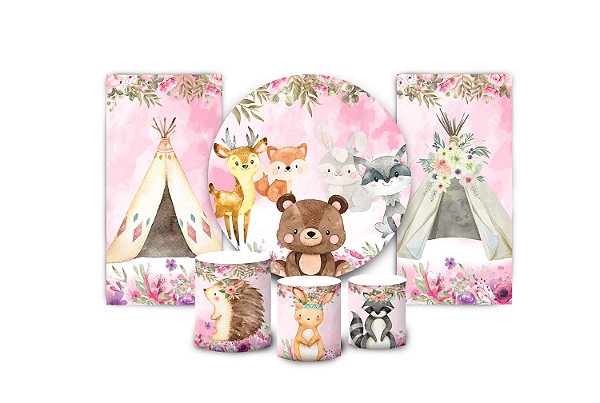 Super Kit Painel De Festa e Capas de Cilindro em tecido sublimado Bosque Tribal Rosa