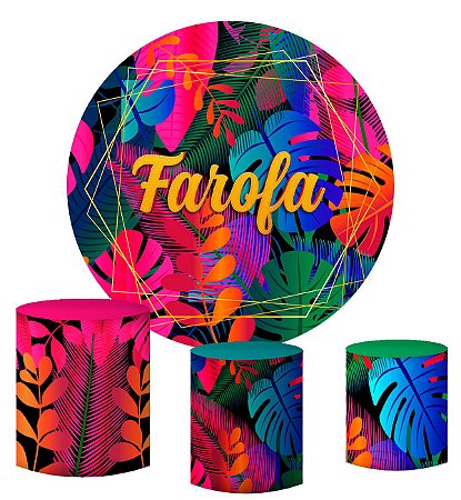 Kit Painel Redondo De Festa e Capas de Cilindro em tecido sublimado Farofa Tropical