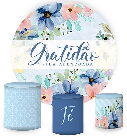 Kit Painel Redondo De Festa e Capas de Cilindro em tecido sublimado Gratidão Vida Abençoada