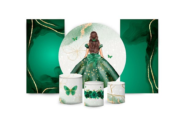 Super Kit Painel De Festa e Capas de Cilindro em tecido sublimado 15 Anos Verde Esmeralda