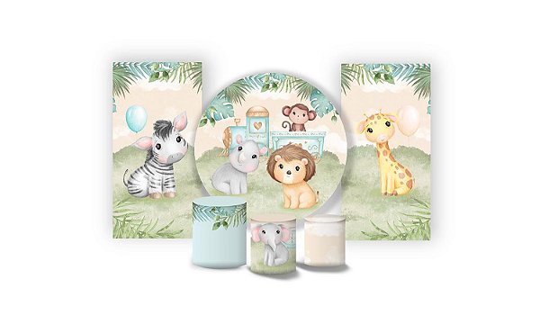 Super Kit Painel De Festa e Capas de Cilindro em Tecido sublimado Safari Candy Azul