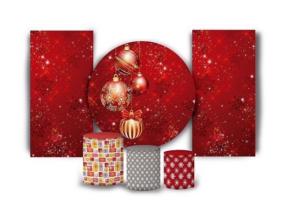 Super Kit Painel De Festa e Capas de Cilindro em Tecido Sublimado Natal Vermelho