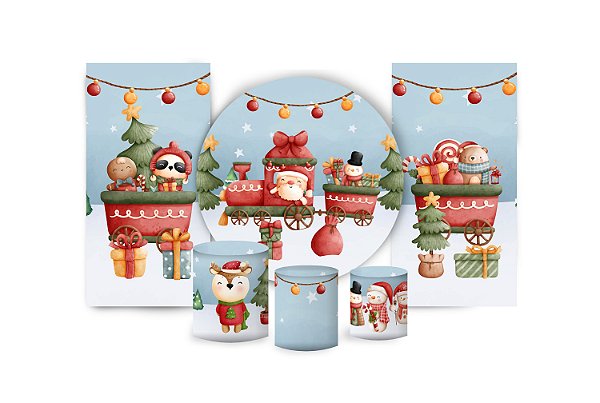 Super Kit Painel De Festa e Capas de Cilindro em Tecido Sublimado Natal Cute