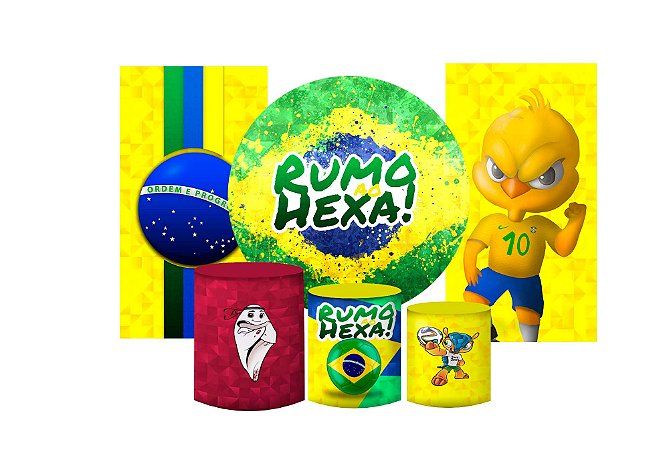 Super Kit Painel De Festa e Capas de Cilindro em tecido sublimado Futebol Rumo ao Hexa