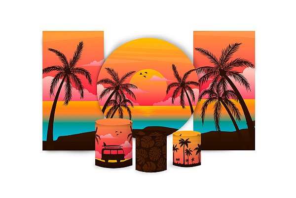 Super Kit Painel De Festa e Capas de Cilindro em tecido sublimado Sunset Tardezinha