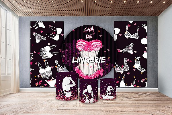 Super Kit Painel De Festa e Capas de Cilindro em tecido sublimado Chá de Lingerie