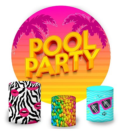 Kit Painel Redondo De Festa e Capas de Cilindro em tecido sublimado Pool Party Descolado