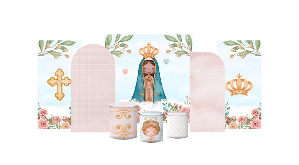 Kit Festa Pronta Painéis e Capas de Cilindro Em Tecido Nossa Senhora