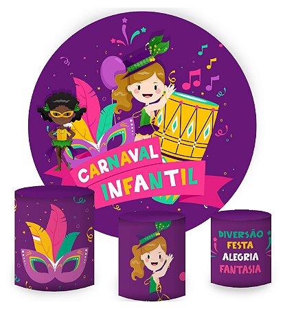Kit Painel Redondo De Festa e Capas de Cilindro em tecido sublimado Diversão Carnaval Infantil