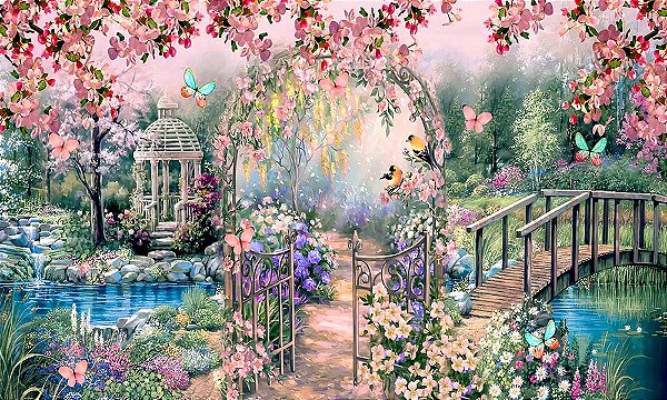 Painel de Festa em Tecido Sublimado Jardim das Flores Encantadas
