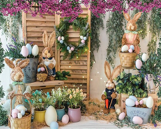 Painel de Festa em Tecido Sublimado Cenário dos Coelhinhos da Páscoa