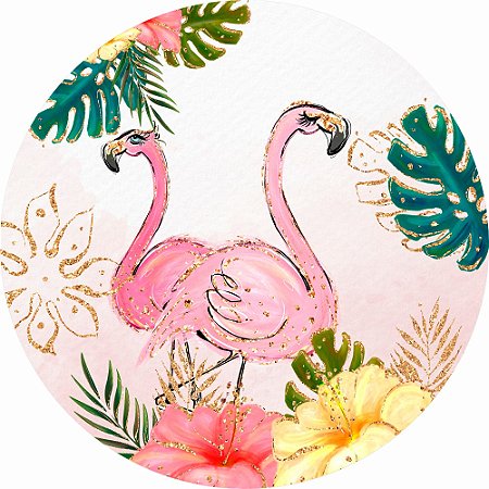Painel de Festa Redondo em Tecido Sublimado Flamingos Glitter 1,50m