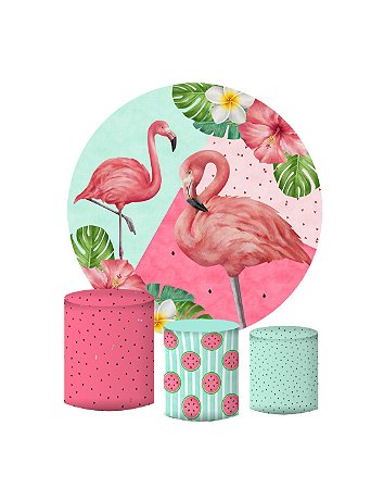 Kit Painel Redondo De Festa e Capas de Cilindro em tecido sublimado Flamingos Melancia