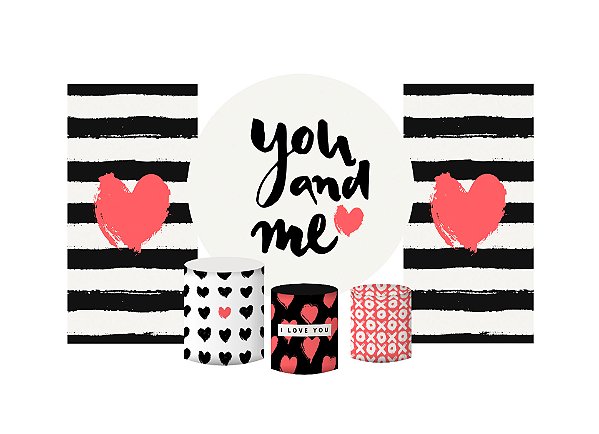 Super Kit Painel e Capas de Cilindro em tecido sublimado Dia dos Namorados You and Me 1,50m
