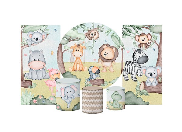 Super Kit Painel e Capas de Cilindro em tecido sublimado Lindos Animais do Safari 1,50m