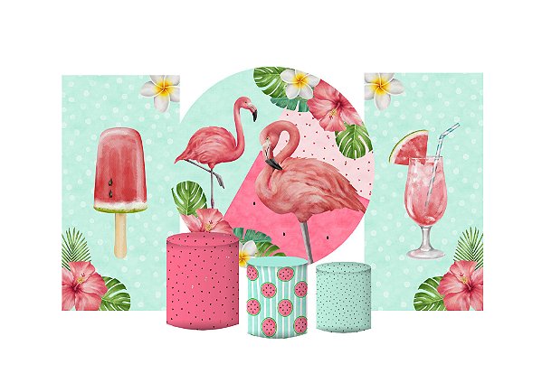 Super Kit Painel e Capas de Cilindro em tecido sublimado Flamingos Melancias 1,50m