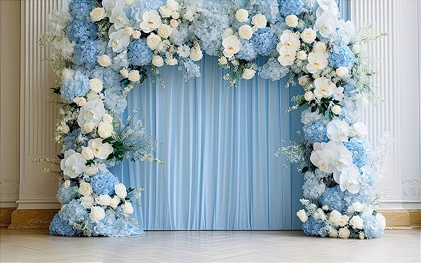 Painel de Festa em Tecido Sublimado Floral Azul