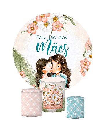 Kit Painel De Festa e Capas de Cilindro Tecido sublimado Feliz Dia das Mães Com Flores