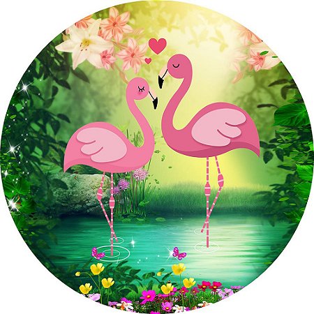 Painel de Festa Redondo em Tecido Sublimado Flamingos na Floresta c/elástico