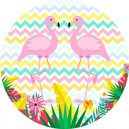 Painel de Festa Redondo em Tecido Sublimado Flamingos Fundo Colorido c/elástico