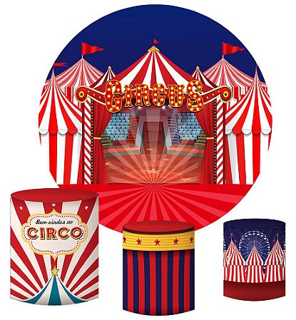 Kit Painel Redondo De Festa e Capas de Cilindro em tecido sublimado Circo