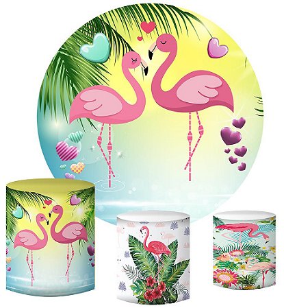 Kit Painel Redondo De Festa e Capas de Cilindro em tecido sublimado Flamingos Rosas