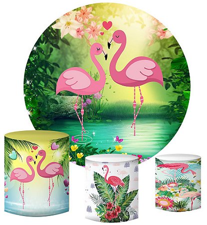Kit Painel Redondo De Festa e Capas de Cilindro em tecido sublimado Flamingos Lago