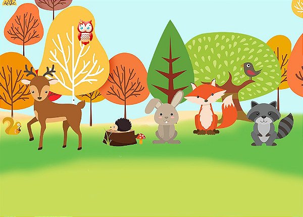 Painel de Festa em Tecido Sublimado 3d Animais no Bosque Mod2