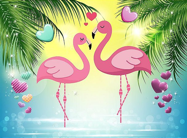 Painel de Festa em Tecido Sublimado 3d Flamingos e Corações