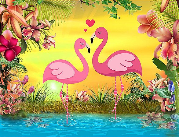 Painel de Festa em Tecido Sublimado 3d Flamingos Românticos