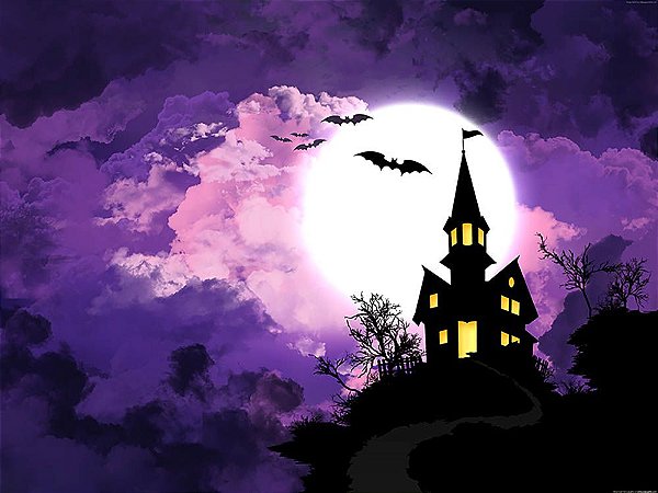 Painel de Festa em Tecido Sublimado 3d Halloween Castelo