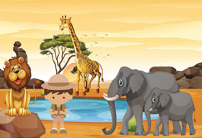 Painel de Festa em Tecido Sublimado 3d Animais do Safari