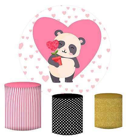 Kit Painel Redondo De Festa e Capas de Cilindro em tecido sublimado Panda Coração