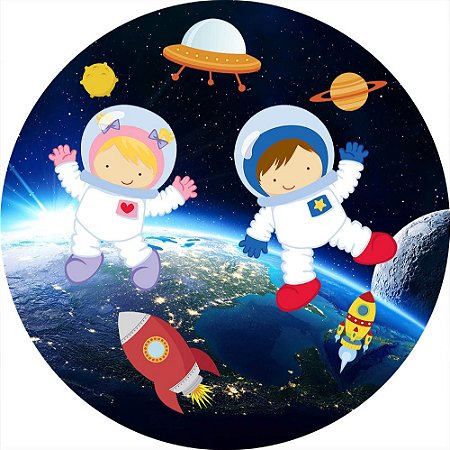 Painel de Festa Redondo em Tecido Sublimado Astronautas Cute Planeta c/elástico